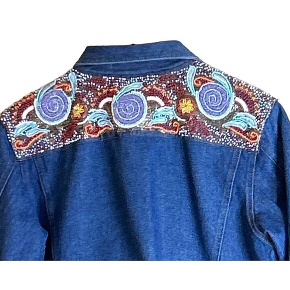 KK 88 Designs Vintage Hand Beaded Blue Denim Jacket 80s 90s Western Size Small - Picture 4 of 6